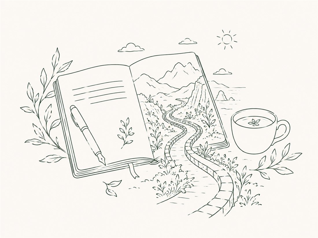 Line illustration of an open journal with a levada path flowing out of its pages