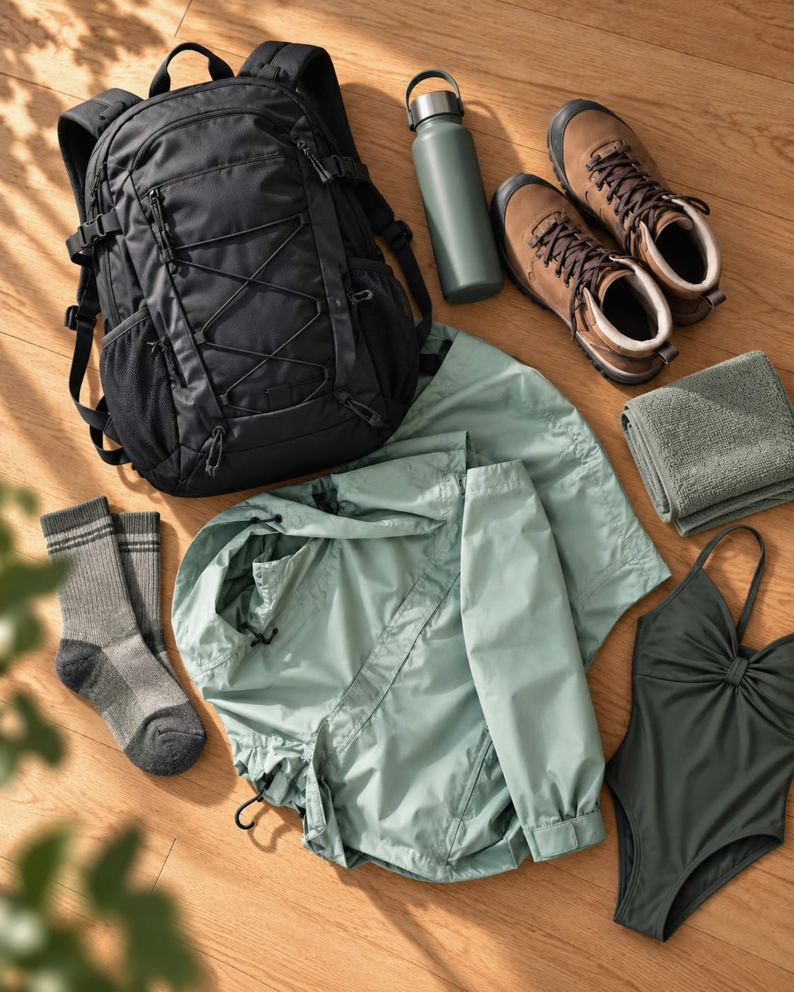 Backpack, water bottle, hiking boots, jacket, spare socks, towel and swimsuit laid out on a wooden floor