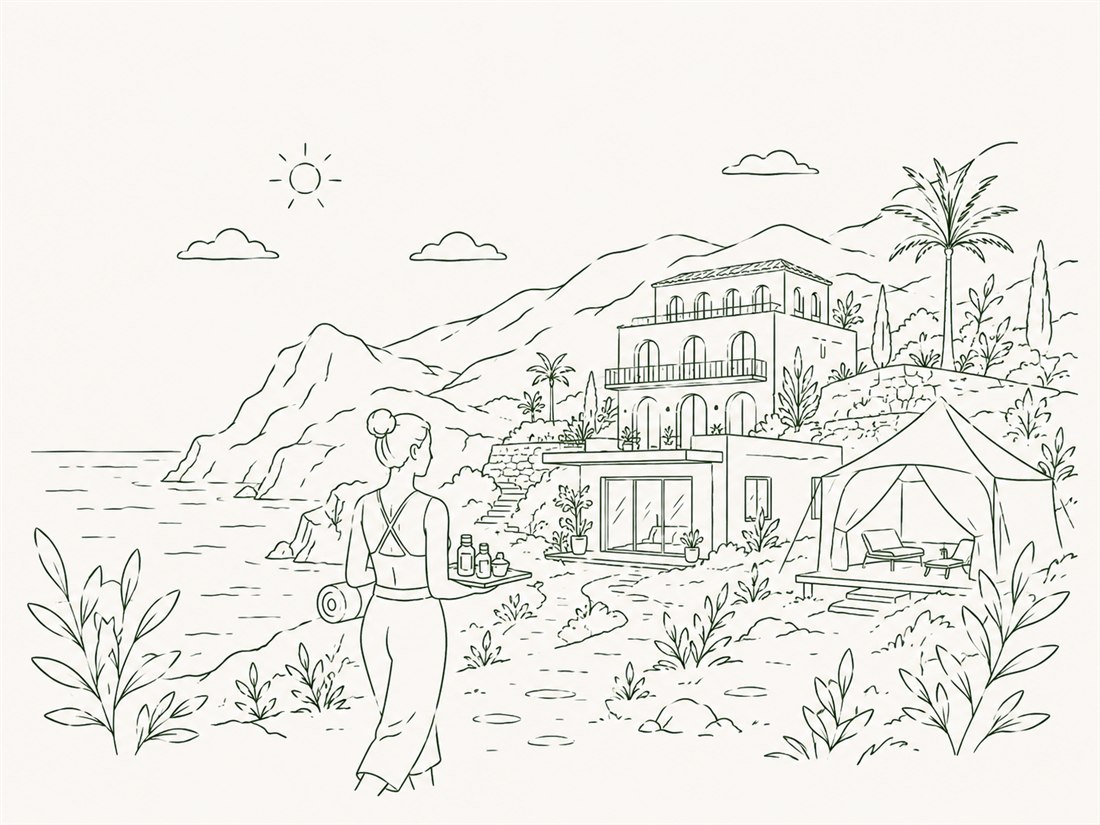 Line illustration of a NatSens therapist arriving at a villa, hotel and glamping tent by the sea